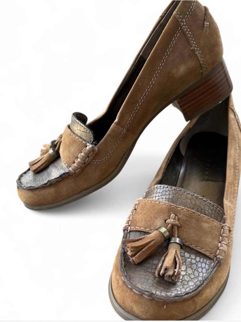 Brown Bandolino Vyola Suede Tassel Block Heel Loafers - Women